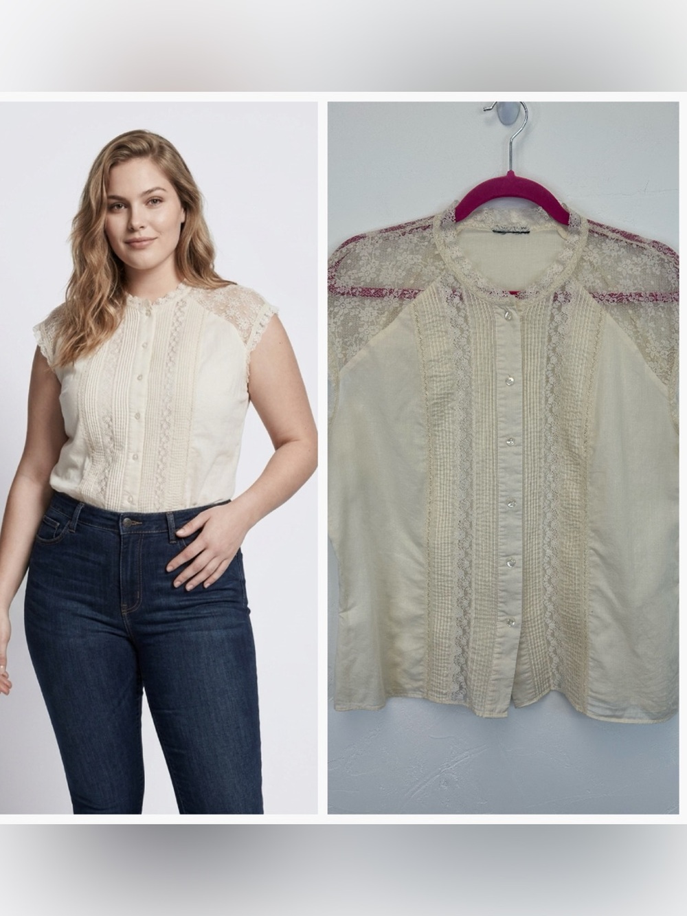 Cottagecore‎ Prairie Peasant Boho Country Lace Button Up Top Plus Size 1X/2X